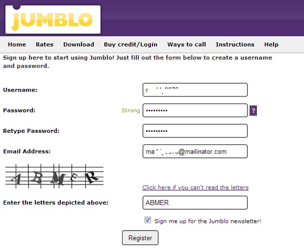 Jumblo Registration Page