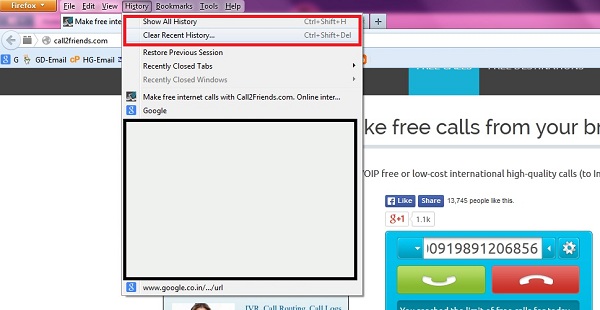 Clear browser history for call2friends hack